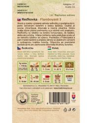 Zadn� strana obalu osiva re�kovky Flamboyant 3 s popisom a pokynmi na pestovanie.